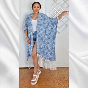 Blue Patterned Kimono with Fringe